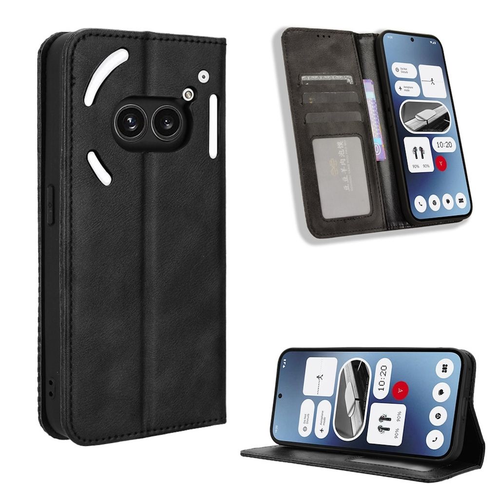 Für Nothing Phone 2a / Plus Book Wallet Tasche Kunst-Leder Retro Textur Schwarz