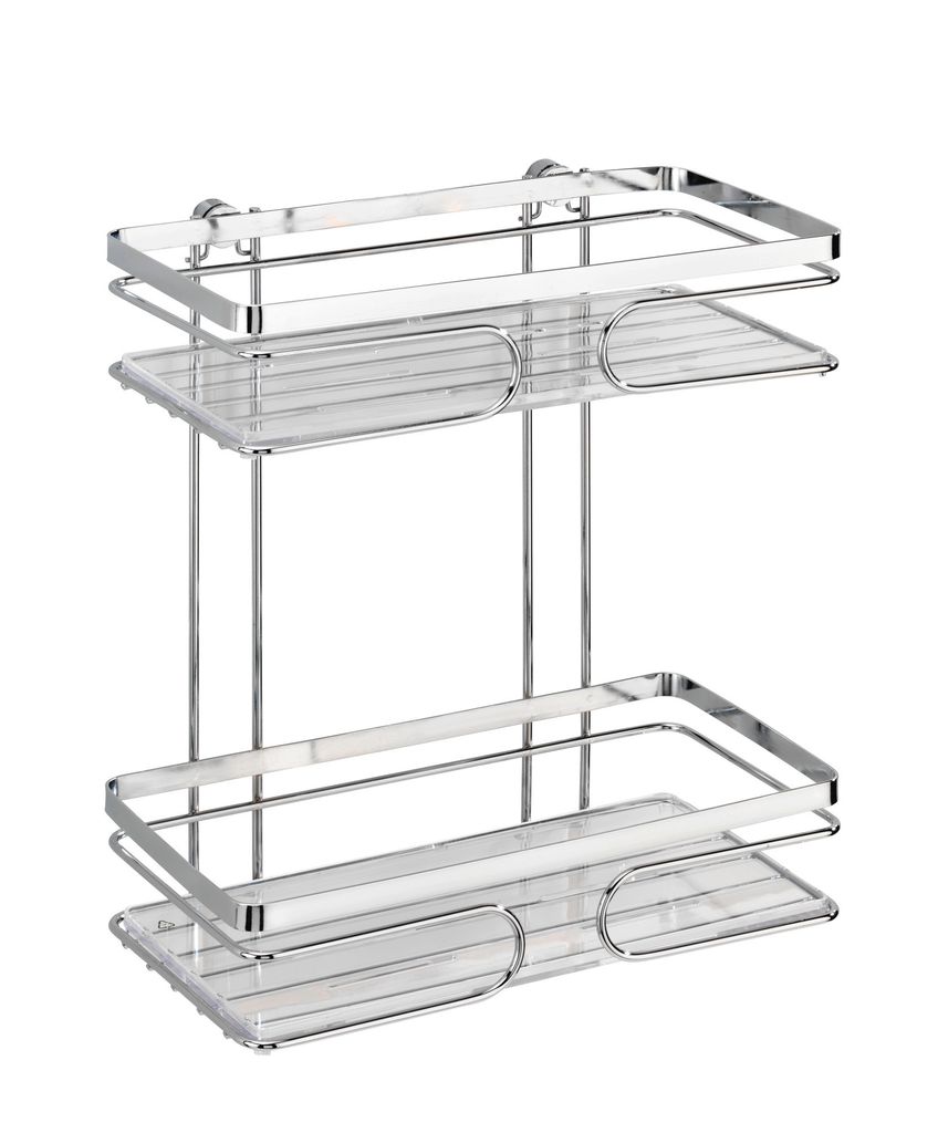 A two-tier shower caddy made of stainless steel and clear plastic.