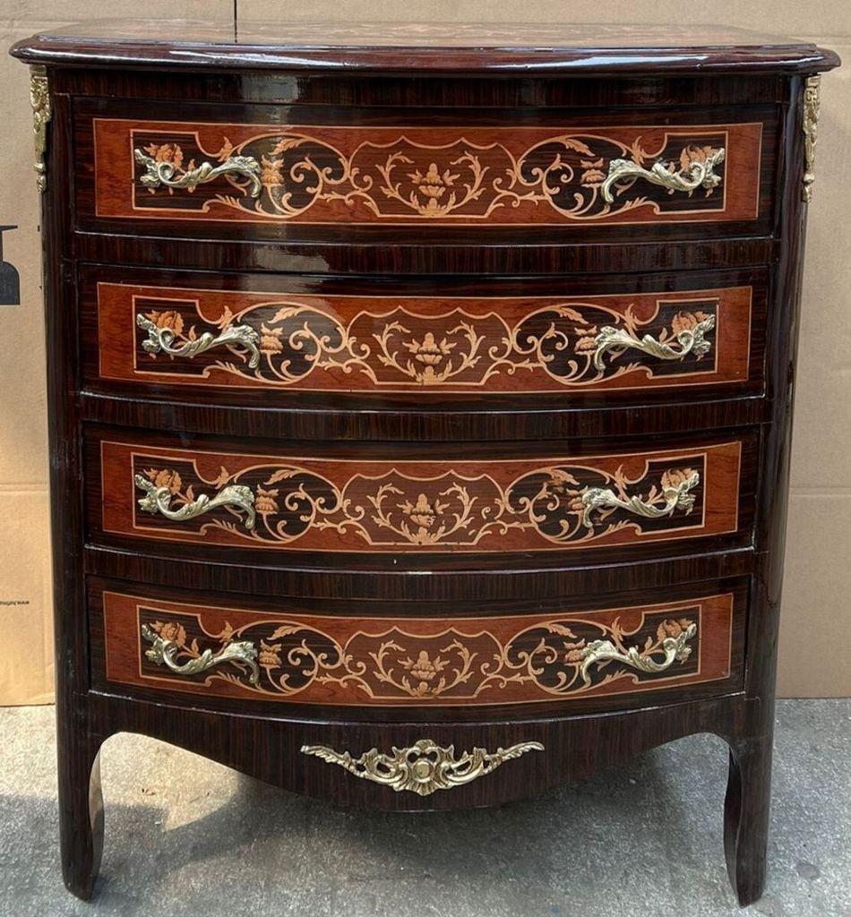 Casa Padrino Barock Kommode Dunkelbraun / Braun Intarsien / Gold - Barockstil Kommode mit 4 Schubladen - Barock Möbel - Prunkvolle Möbel im Baroc...