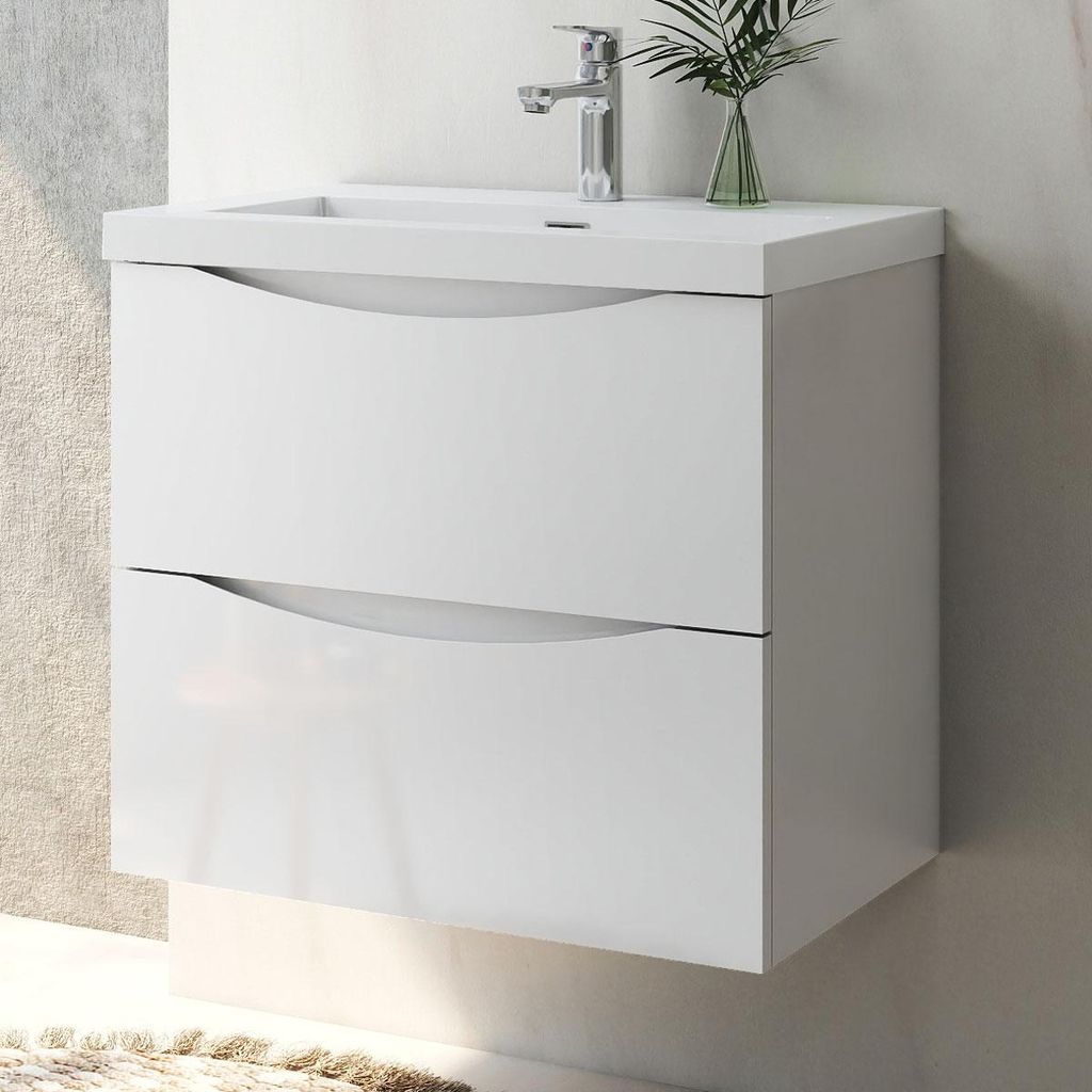 Badmöbel Set 60 cm Smiley Hochglanz Weiß Rechteckiges Waschbecken mit Unterschrank Hängeschrank Softclose