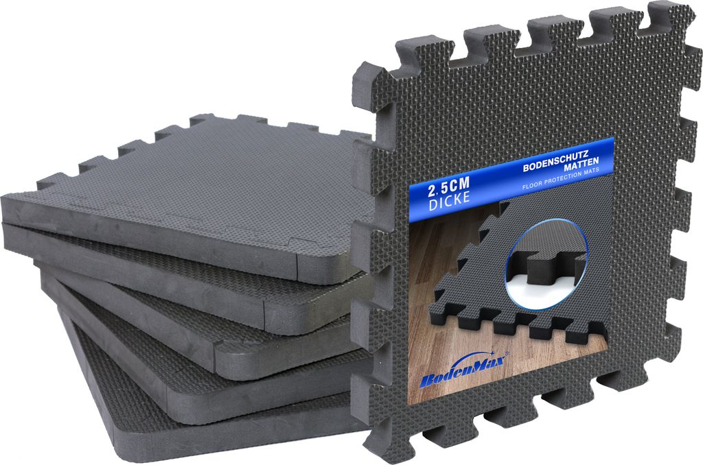 BodenMax Sportmatte Bodenbelag Fitnessraum EVA Gymnastikmatte rutschfest Pool Unterlegmatte dicke Fußboden | 30x30x2.5cm schwarz | 36 Stück