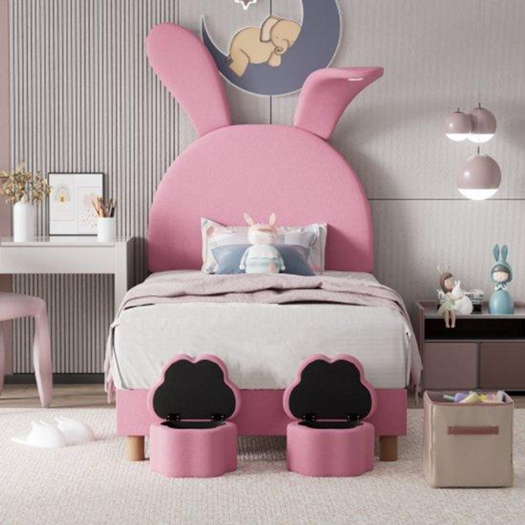 90x200 Bett mit zwei Aufbewahrungslehnen, LED-Nachttischlampe, falten Sie die Konijnenoren, ohne Matratze, Kinderbett, Lattenrost, Höhenverstellba...