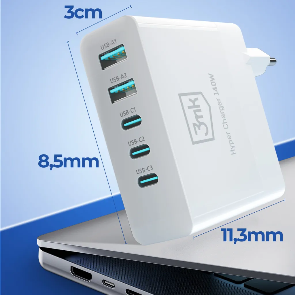 3mk Hyper Charger GaN 140W 3x USB-C 2x USB-A - bianco - 5