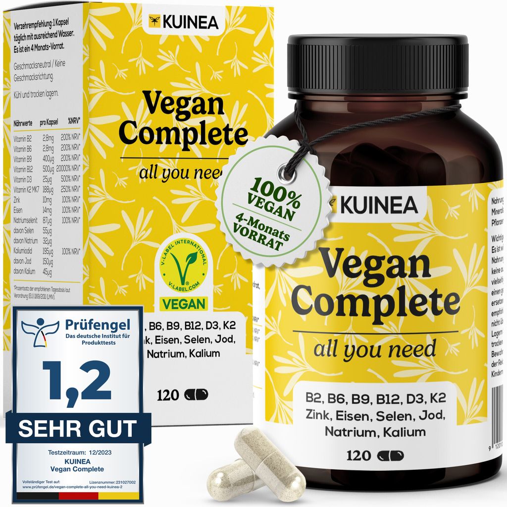 Vegan Complex - ALL YOU NEED - KUINEA Nahrungsergänzung KU036VC - Vitamin B12+D3+K2+B2+B9+B6 + Zink + Eisen + Selen + Jod + Natrium + Kalium