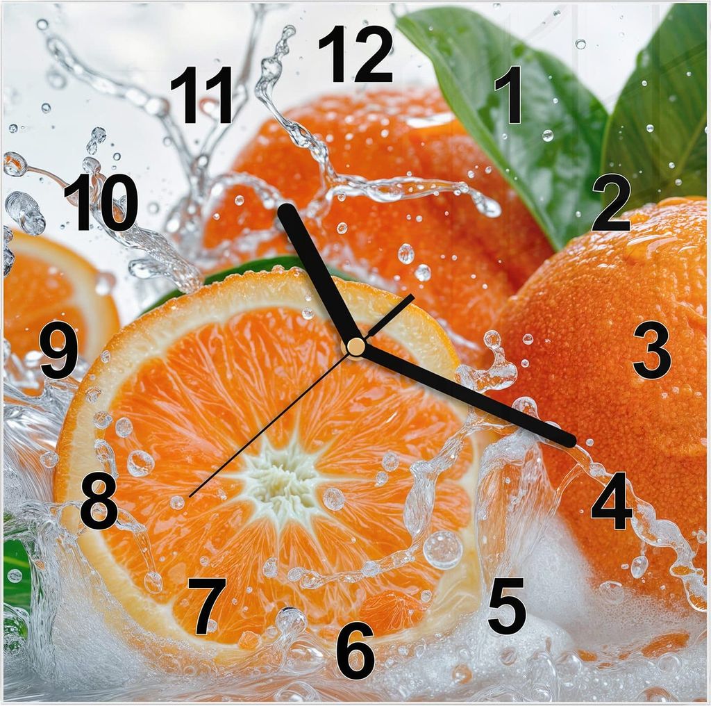 Wanduhr aus Glas mit Motiv Spritzige Orangen- 30 x 30 cm - inkl. Aufhängesystem