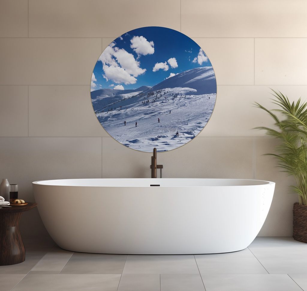 Wallario wasserfestes Poster selbstklebend 90 x 90 cm, Ski-Piste in den Alpen, Badezimmerposter Spritzschutz mit Hochglanzoberfläche in Glasoptik