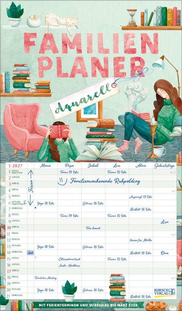 Korsch Familienkalender 2027 Aquarell 27 x 46 cm, 6 Spalten, Deutsches Kalendarium