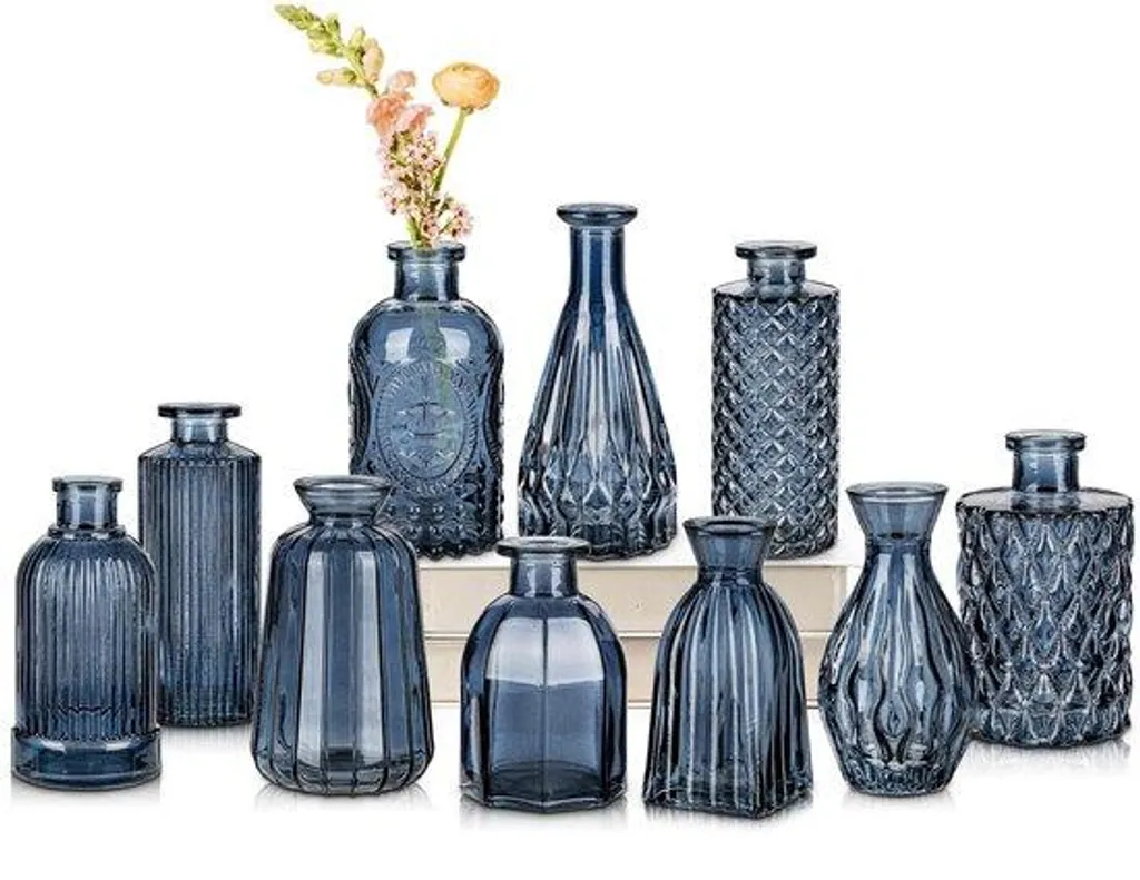 Décoration de table lot de 10 petits vases bleus en verre pour salon