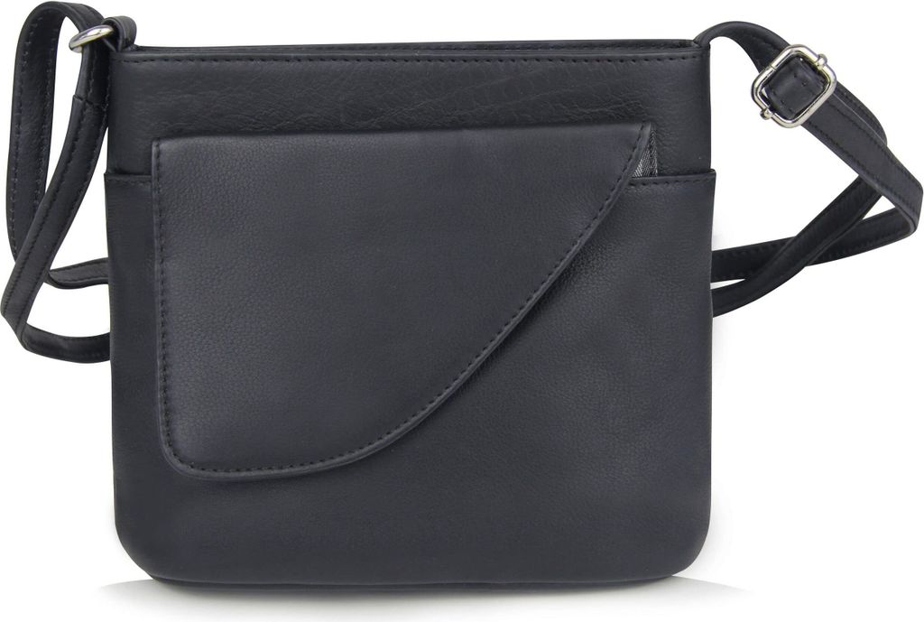 Frentree Umhängetasche, Kleine Ledertasche in schwarz, Tasche mit Handyfach, verstellbarer Gurt, Schwarz