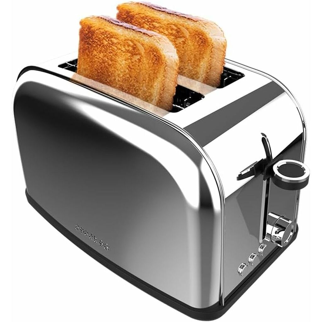 A shiny chrome toaster with two slices of toast in it, set against a white background.