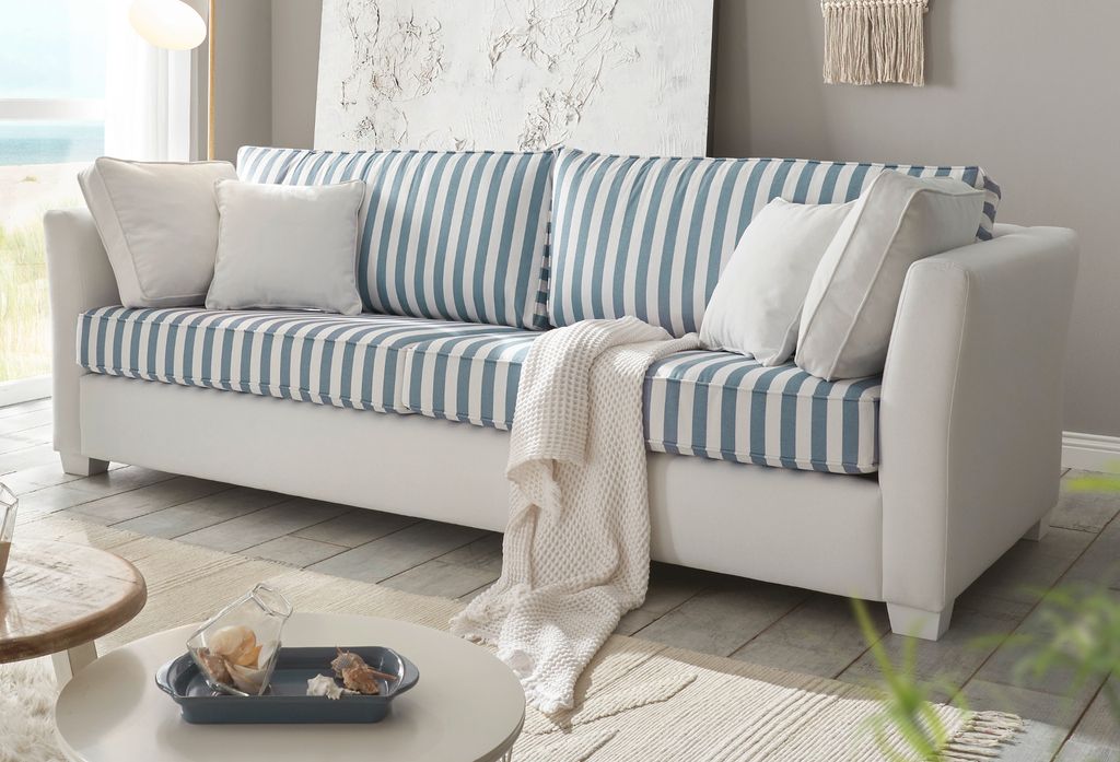 Sofa, "Hooge", creme, blau, Landhaus, Wohnzimmer, Couch, 3-Sitzer, 240 cm