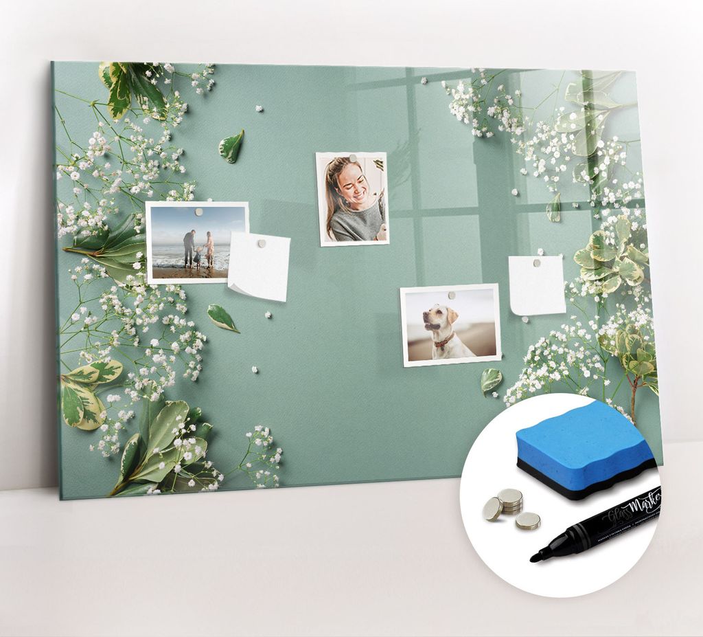 Magnetpinnwand Memoboard - Zubehörsatz - Schwarzer Marker + Schwamm + Magnete - 90 x 60 cm - Zarte Blumen
