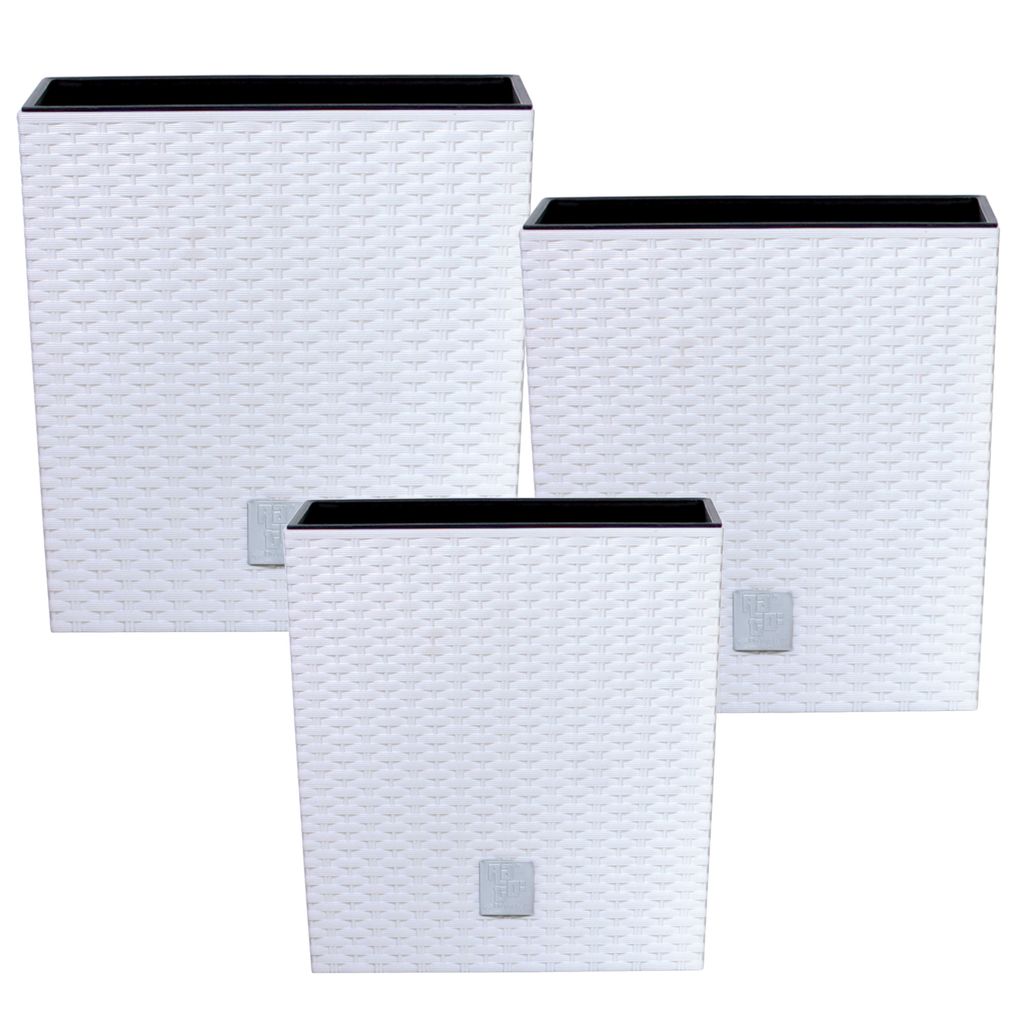 Set 3x Pflanztöpfe Blumentopf Einsatz Rattan Trapez H 26+32+40 cm Weiß mit Pflanzeinsatz Quadrat