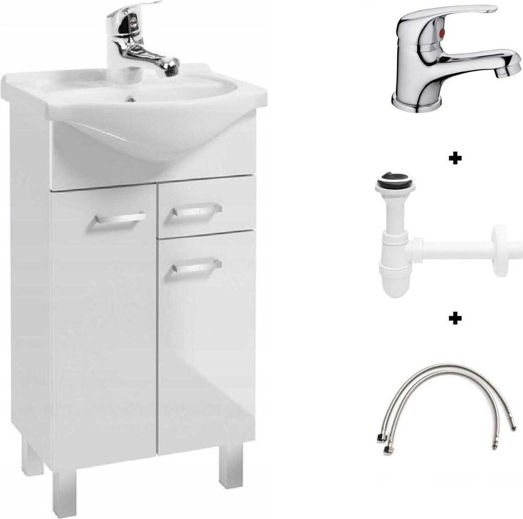 Badezimmer-Set: Waschbeckenunterschrank 50 weiß mit Armatur und Siphon Mea