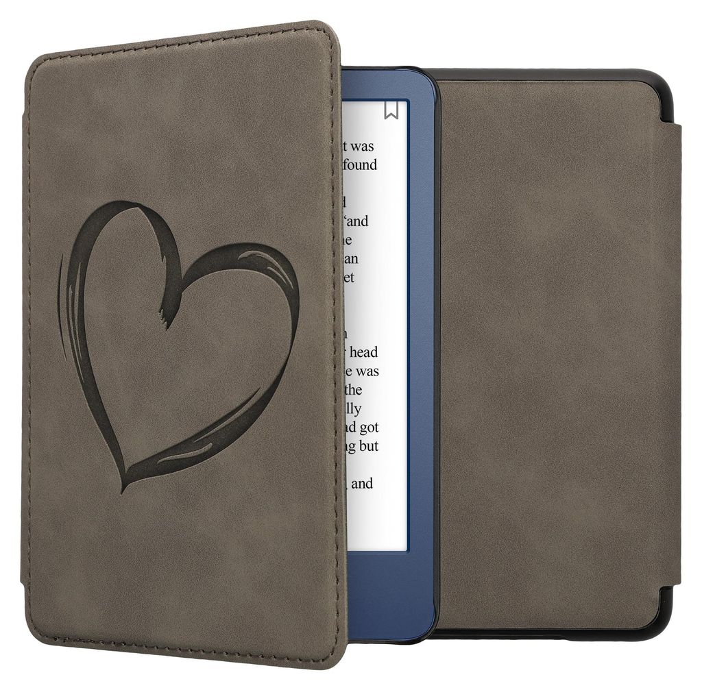 kwmobile Schutzhülle für Amazon Kindle (2022/2024) Hülle - eReader Case aus Kunstleder mit Auto Sleep Funktion - Herz Brush mit Grau