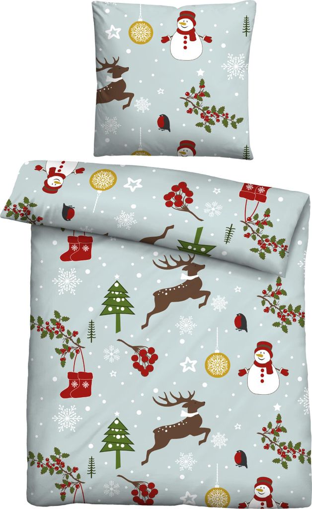 Traumhaft schlafen - Castell - Markenbettwäsche Feinbiber Bettwäsche 0301128 WEIHNACHTEN color: taubenblau, size: 1x 155x220 cm + 1x 80x80 cm