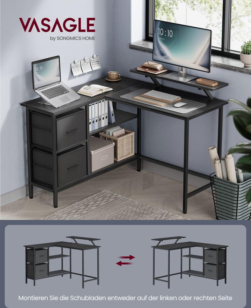 A corner desk with a monitor, laptop, and storage drawers, shown in a room setting and as a diagram.