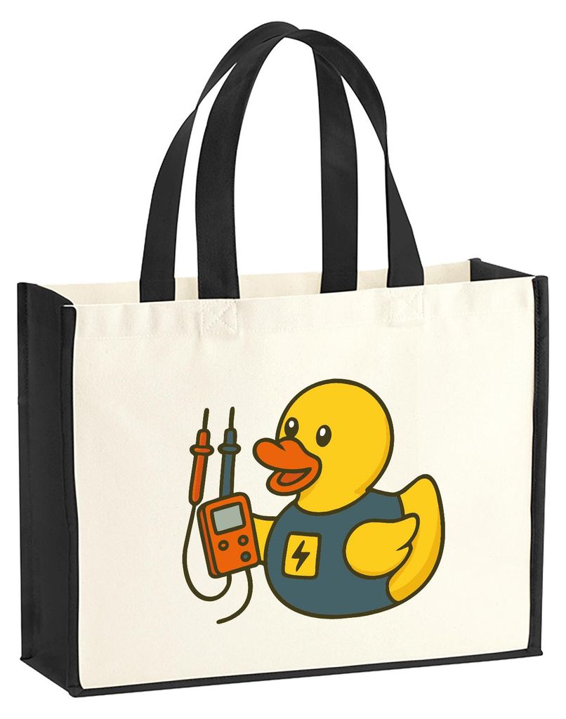 Huuraa Jutetasche Quietscheente Elektronik Comic Gummiente 21 Liter Black Jute und Baumwolle Einkaufstasche Geschenkidee