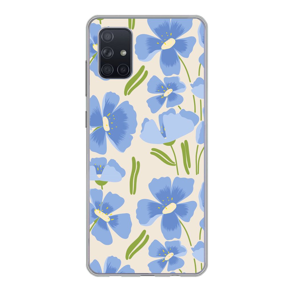 MuchoWow Handyhülle Schutzhülle Hülle für Samsung Galaxy A71 Blume - Blau - Muster Silikon Softcase Handy Hülle - Kartenbesitzer