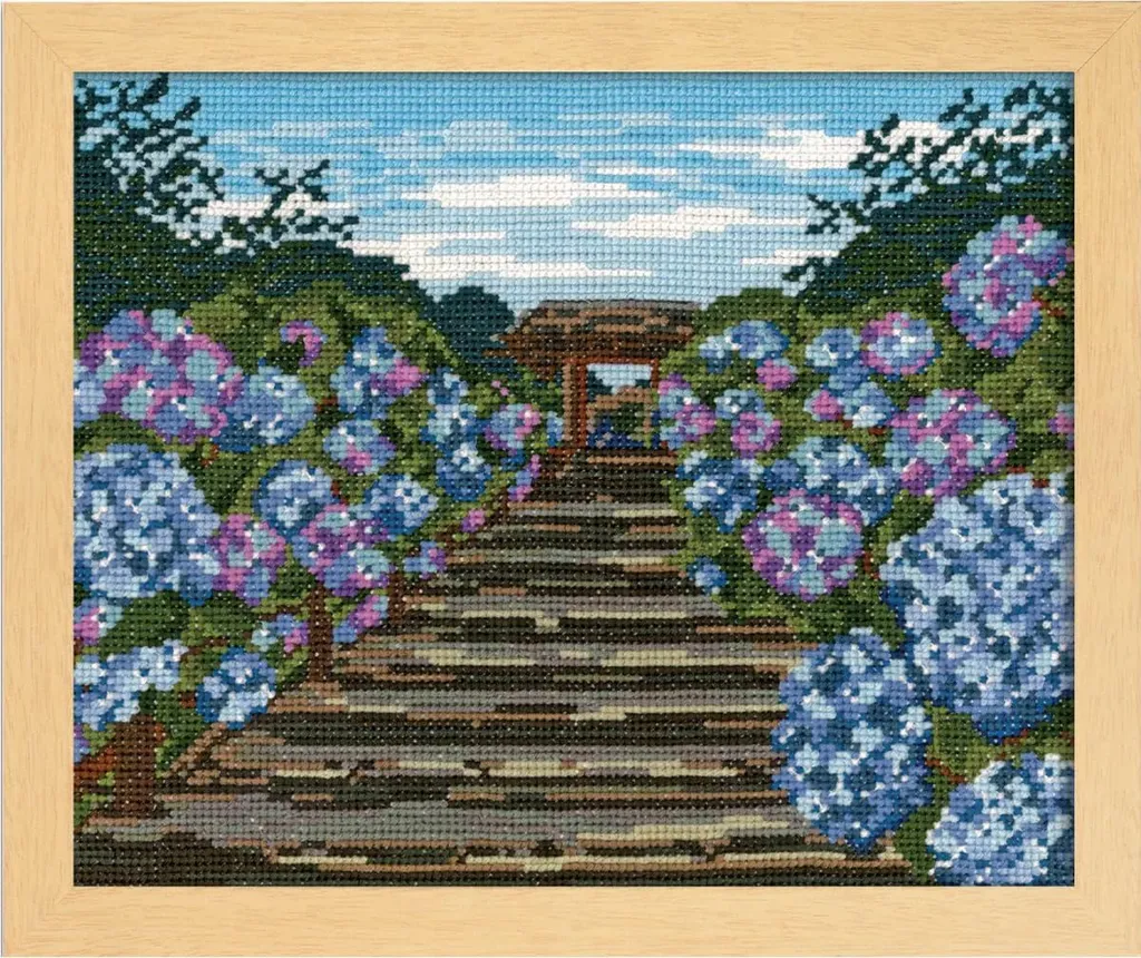 Tableau de broderie point de croix paysage japonais Hortensias bleu