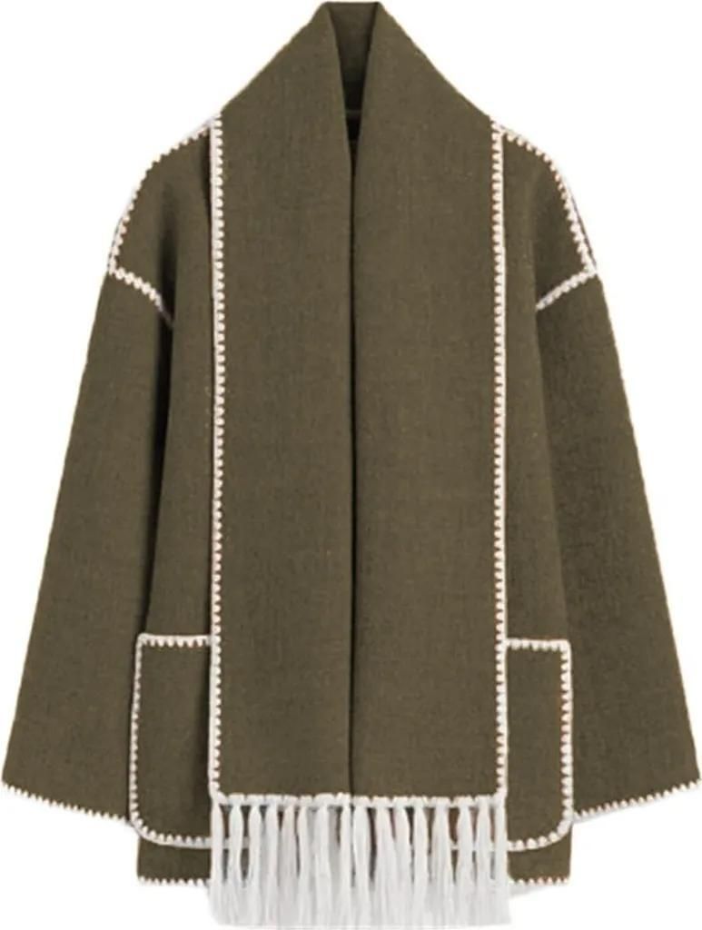 ASKSA Damen Herbst Winter Mantel Mit Schal Lose Langarm Einreiher Maentel Weibliche Warme Quaste Jacke, Armeegruen, L