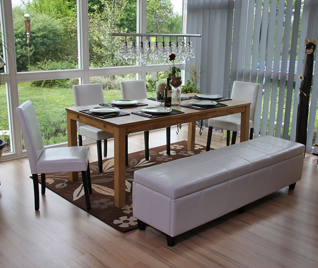 Garnitur Sitzgruppe Bank mit Aufbewahrung Kriens XXL+4 Stühle Littau, Leder weiß