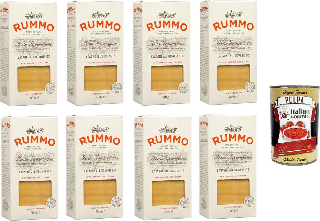 Rummo Lasagne all'uovo n.173 Bronze Gezeichnete, Pasta mit ei, Eierpaste 8x Packungen mit 500 g + Italian Gourmet polpa 400g