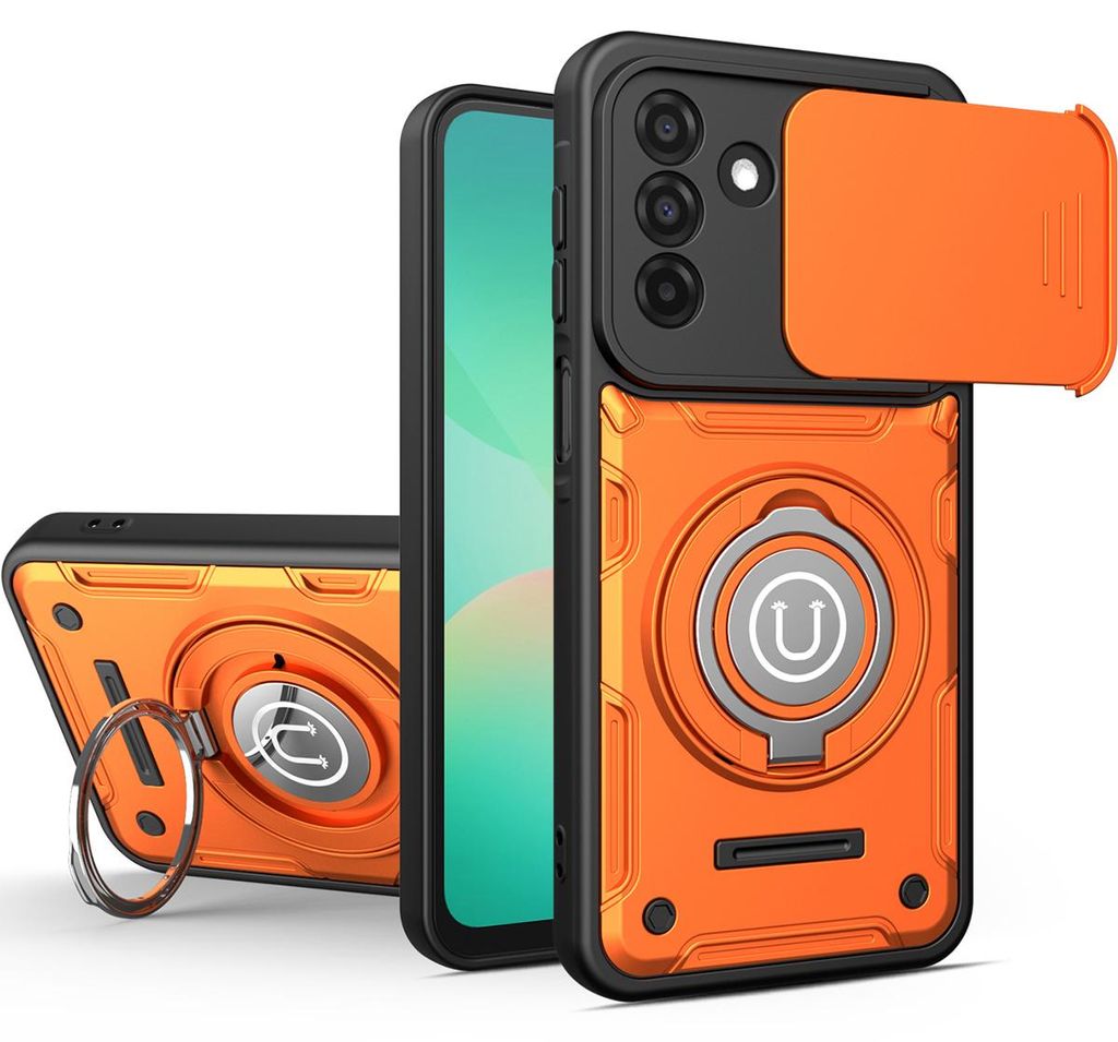 Magnetische Handyhülle für Samsung Galaxy A36 mit Kameraschutz Schieber, Ringhalter und Ständer, Stoßfeste Hülle Orange