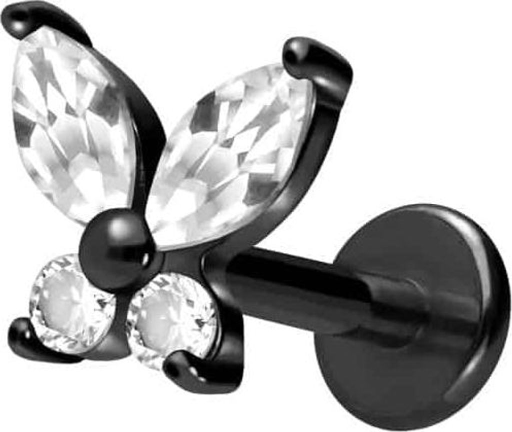 Ohrpiercing, Nasenpiercing Titan Labret mit Innengewinde KRISTALLSCHMETTERLING Schwarz Stablänge: 6mm | Stabstärke: 1,2mm