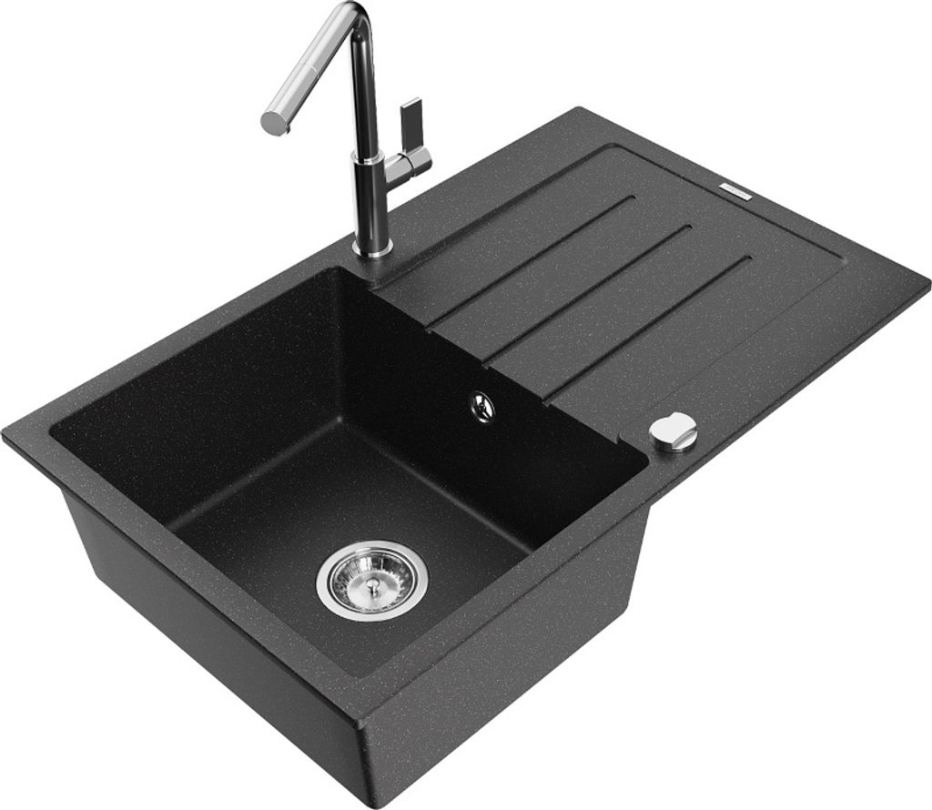 Mexen Bruno 1 Becken-Granitspüle mit Abtropffläche und Mischbatterie Flora, Schwarz/Silbermetallic - 6513-73-670401-00