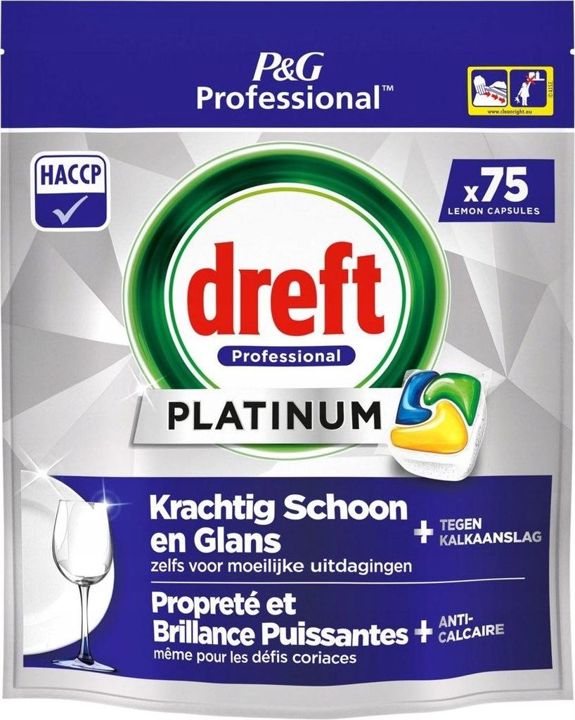 The image shows the front packaging of Dreft Platinum dishwasher capsules.