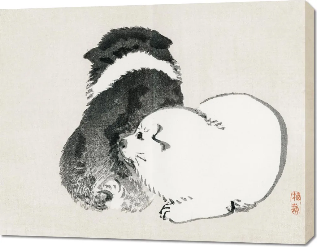 Tableau 90x70cm Black and White Puppies par Kōno Bairei Vintage Deco