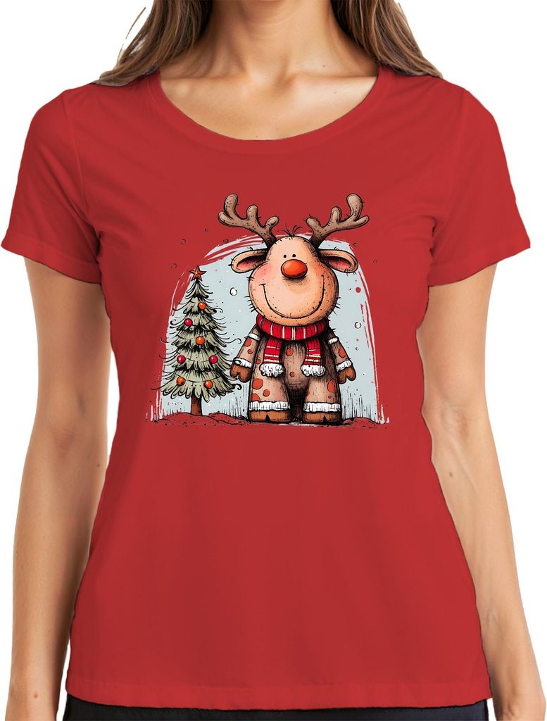 Rudolph Rentier rote Nase Weihnachten niedlich Retro Geschenk Damen T-Shirt, Rot, 3XL