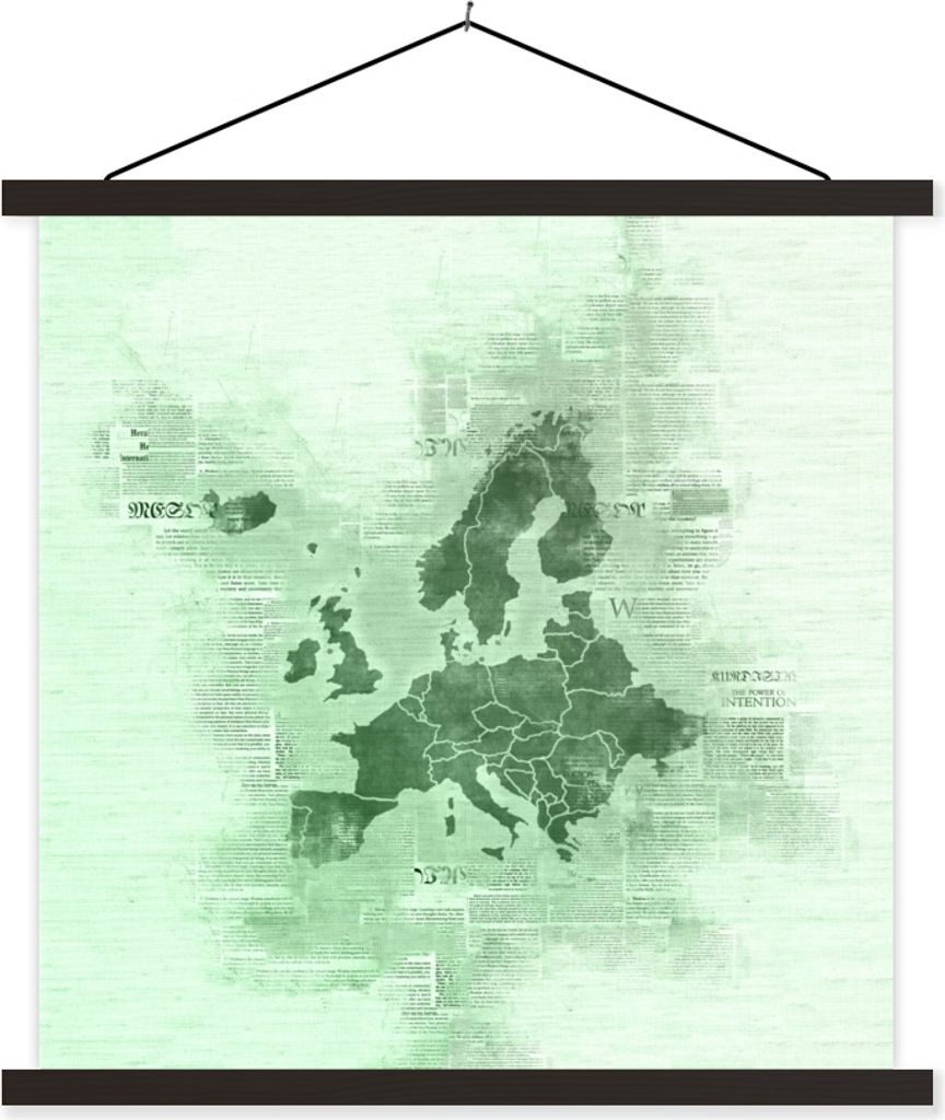MuchoWow Textilposter Europa - Karte - Zeitung - Grün 40x40 cm mit schwarzem Rahmen - Fotos