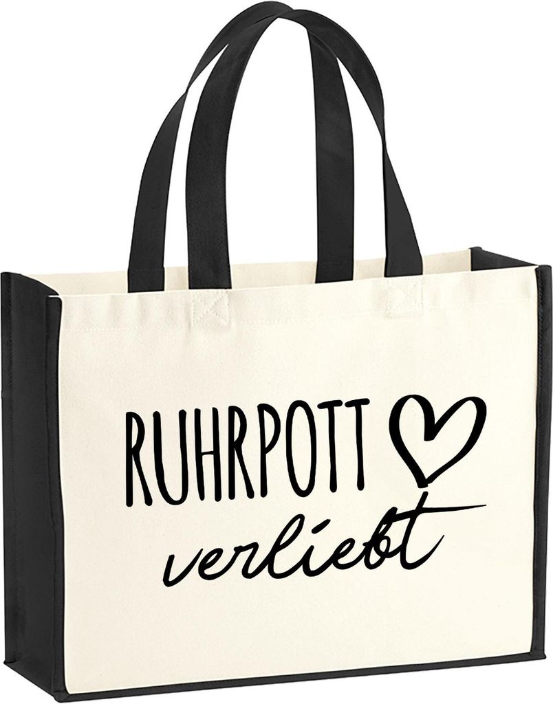 Huuraa Jutetasche Ruhrpott verliebt 21 Liter Black Jute und Baumwolle Einkaufstasche Geschenkidee