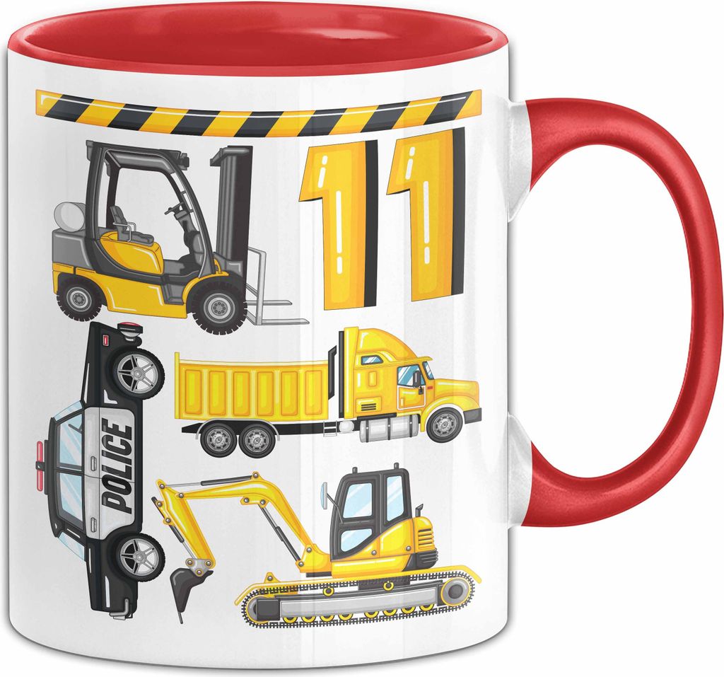 11. Geburtstag Geschenk Tasse Becher Jungen Jungs Baustelle Polizei Geburtstagsgeschenk 11 (Rot)