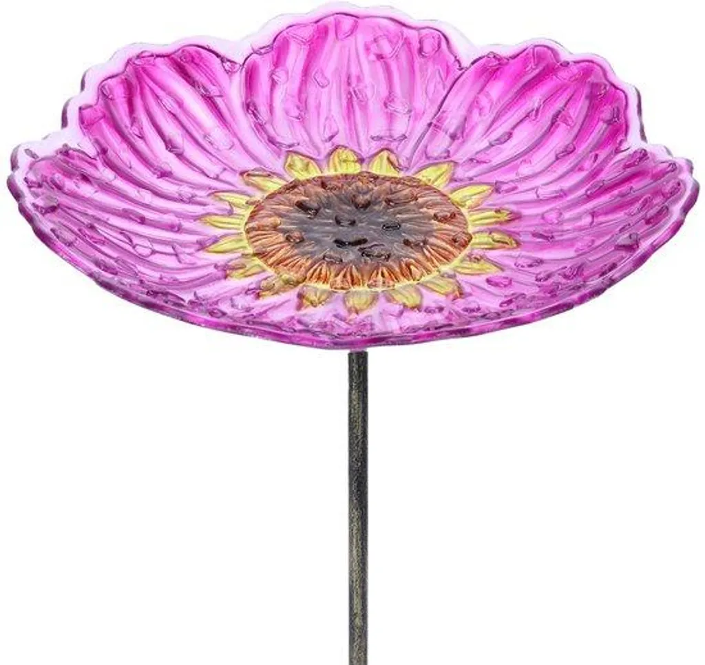 Bain d'oiseaux en verre 30cm avec support métal et motif de tournesol