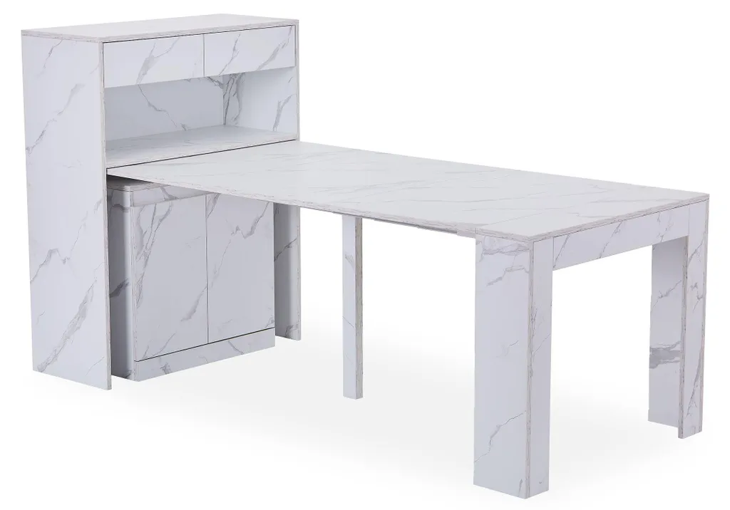 Petite console extensible gain de place avec rangement effet marbre blanc