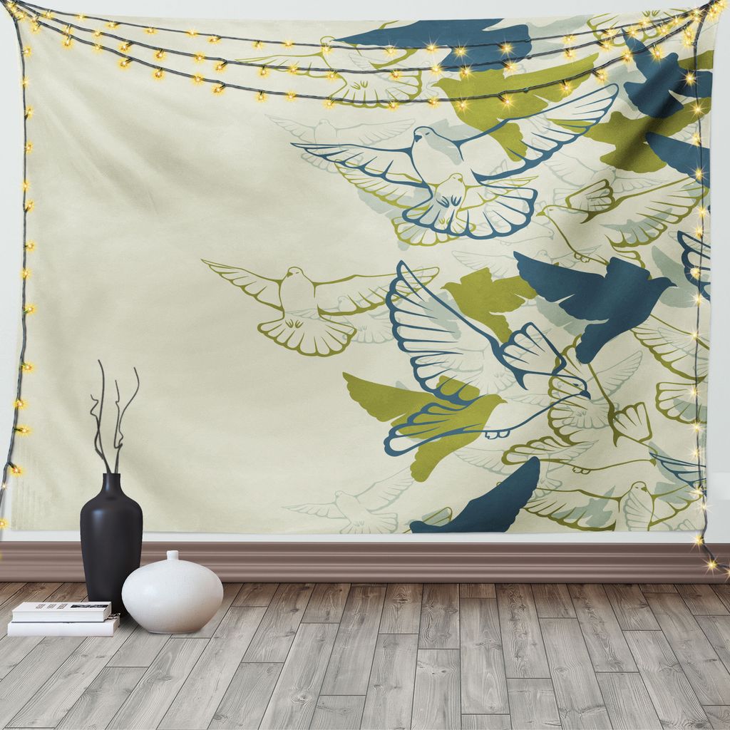 ABAKUHAUS Vögel Wandteppich, Herde von Flying Tauben, Wohnzimmer Schlafzimmer Heim Seidiges Satin Wandteppich, 200 x 150 cm, Creme Grün Teal