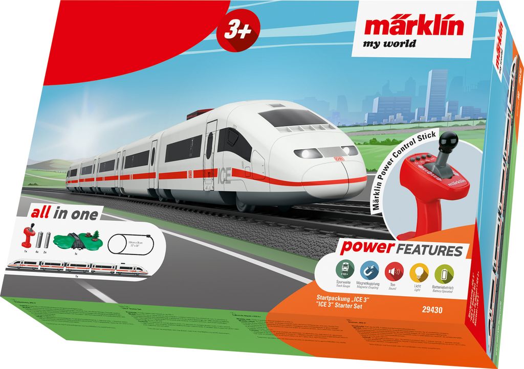 The image shows the packaging of a Märklin ICE 3 model train starter set, featuring the train and a controller.