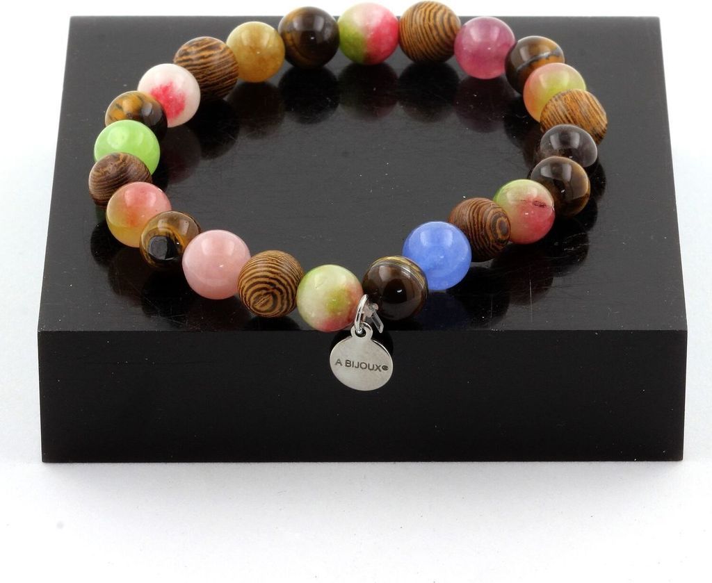 Armband Tigerauge-Perlen + mehrfarbiger Turmalin + Wassermelonen-Turmalin + Holz 8 mm