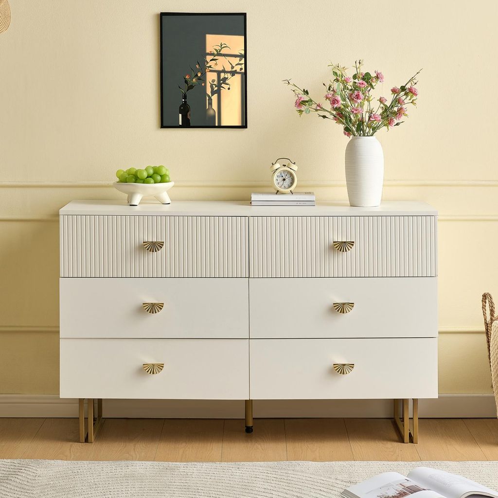 Fortuna Lai Sideboard mit 6 Schubladen in Weiß und Gold – Modernes Design aus MDF und Stahl, Perfekt für Schlafzimmer, Wohnzimmer und Eingangsb...