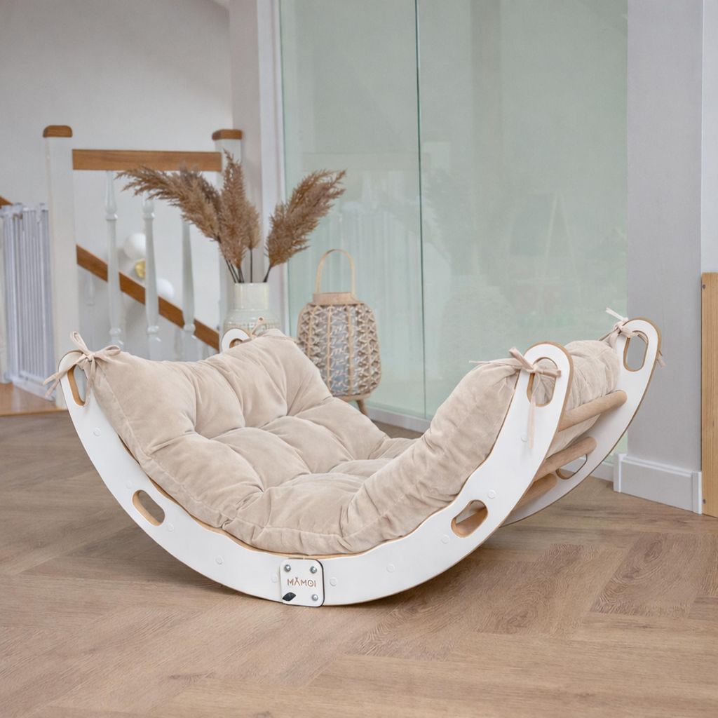 MAMOI Kletterbogen mit Kissen, Kissen für Regenbogenwippe aus Holz, Kletterdreieck, Baby Klettern, Holzbogen für Kinder, Spielplatz, Kletterger...