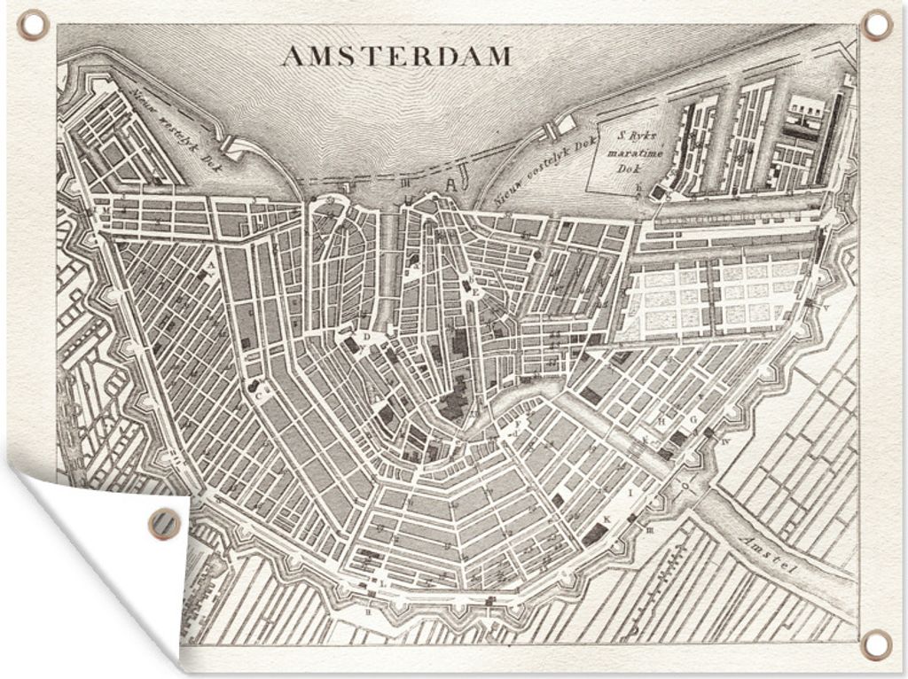 MuchoWow 80x60 cm Outdoor-Poster Gartendeko Sichtschutz Garten Poster für den Garten Schwarz-weiße Illustration einer antiken Karte von Amsterdam