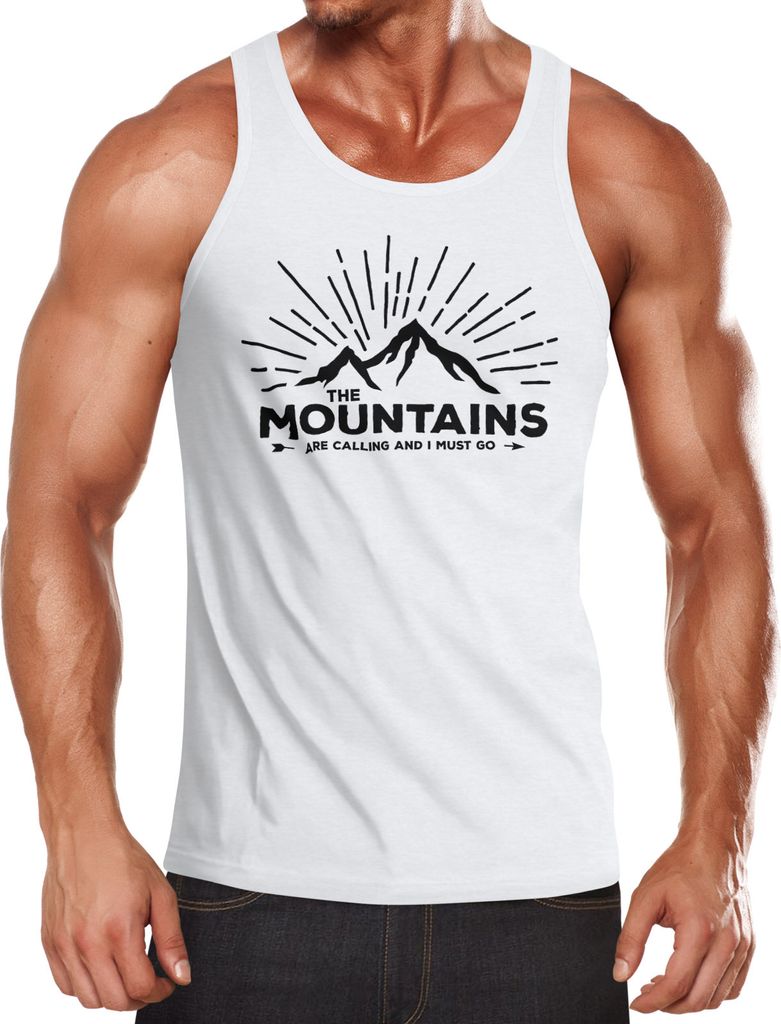 Herren Tanktop The Mountains are Calling and I must go Wandern Berge Moonworks weiß XL