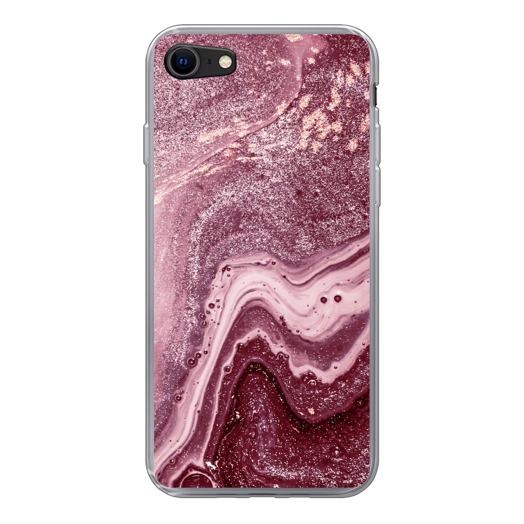 MuchoWow Handyhülle Schutzhülle Hülle für iPhone SE 2020 Naturstein - Rosa - Glitter Silikon Softcase Handy Hülle - Kartenbesitzer