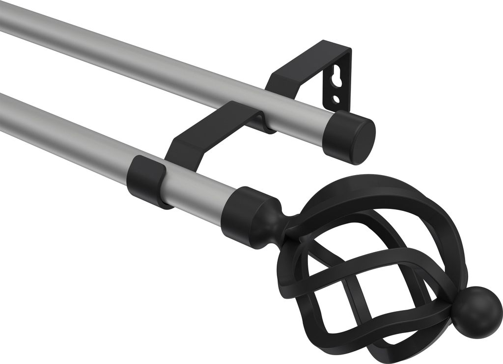 Interdeco Gardinenstange / Vorhangstange Silbergrau / Schwarz, Typ Olymp Paolo (Schmiedekugel), 16 mm Ø 2-läufig, 240 cm