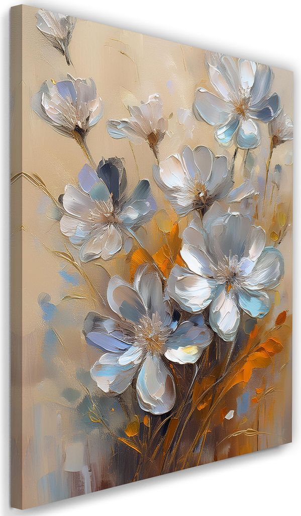 Leinwandbild Silber Gemalte Blumen Natur 60x90 Feeby Blau bild für die wand bereit zum aufhängen