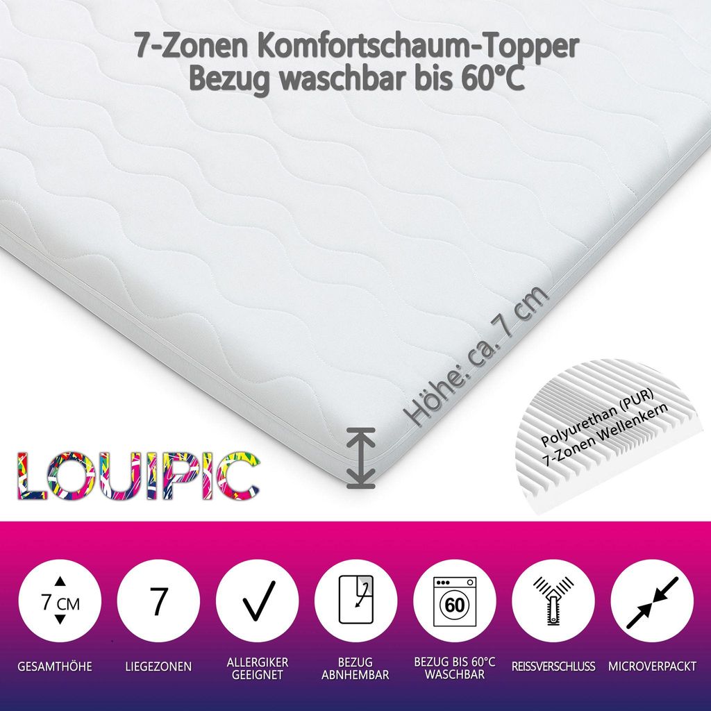LOUIPIC TitanWave7 80x200 cm H4 / fest - 7-Zonen Topper - ca.7 cm hoch - Bezug waschbar bis 60 Grad