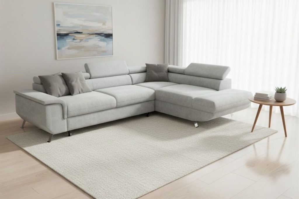 Ecksofa mit Schlaffunktion PLATO Sofa in Stoff Onega Hellgrau Ottomane Rechts
